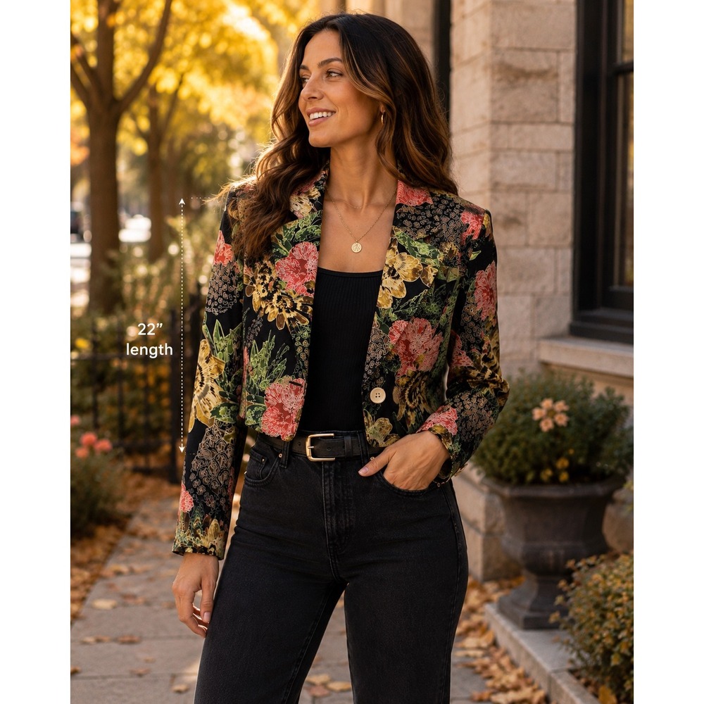 Vintage Silk Chic Floral Blazer Black Bold Botanical Art Jacket Tropical Sz L